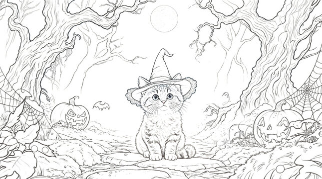 Coloring page of a kitten in witch hat among spiderwebs, pumpkins, and twisted trees &mdash; enchanting Halloween forest scene for kids