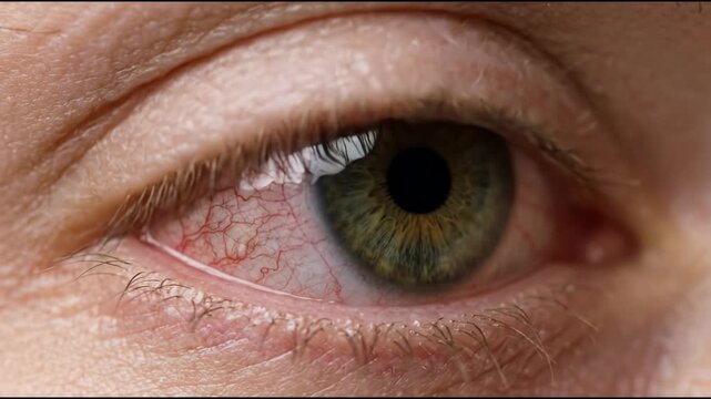 Conjunctivitis Suffering from Macro View of Inflamed Red Eye with Veins Pulsating and Blinking for Medical Concepts