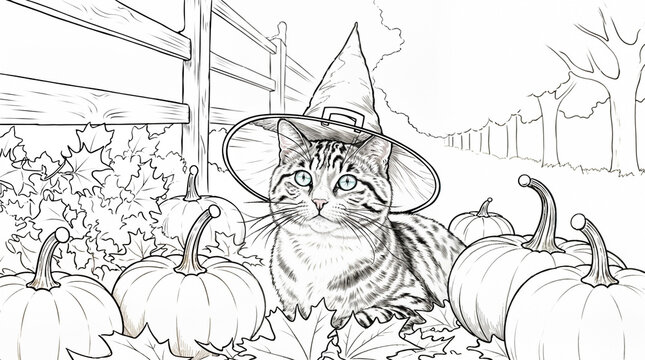 Coloring page of a cat in witch hat among pumpkins and autumn leaves &mdash; magical Halloween scene for kids