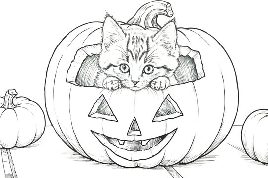 Coloring page of a kitten peeking out of a smiling jack-o'-lantern &mdash; playful Halloween scene for kids