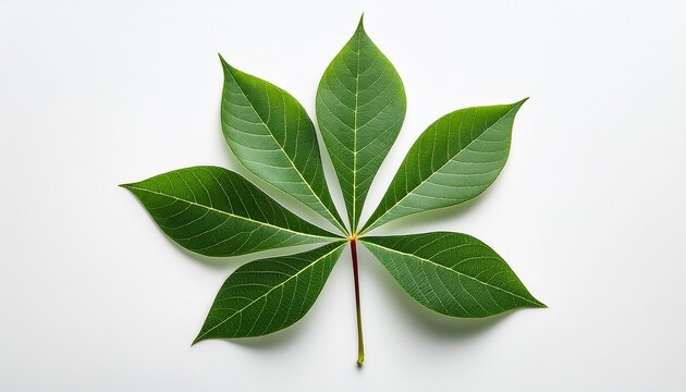 Single Green Cassava Leaf Isolated On A Clean White Background