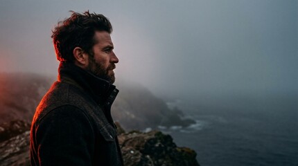 Obraz premium Pensive man standing on a rugged coastline looking out over a foggy sea in a cinematic mood