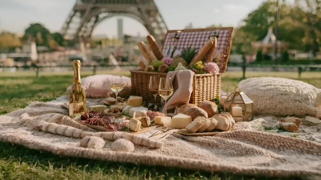 Paris, France, Europe. A vivid outdoor scene depicts a romantic picnic in front of the Eiffel Tower in Paris, France. The main subject is a picnic basket filled with bread, cheese, and meats.