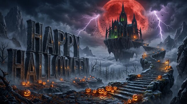 Happy halloween stone text sign with spooky castle on floating island and lightning in stormy red moon night sky halloween lightning