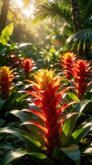 Obraz premium Vibrant bromeliad flowers grow in a sunlit tropical garden. Red orange yellow blossoms with green leaves. Warm light filters through rich jungle foliage creating bokeh.