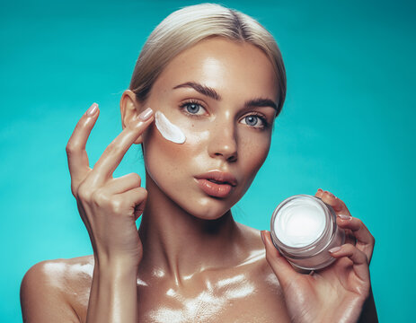 Radiant blonde woman applying white facial cream for skin hydration routine