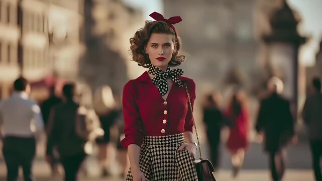 Paris, France, Europe. A portrait of a woman in a vintage style, captured in a candid moment. She wears a red blazer, a black and white polkadotted scarf, and a houndstooth skirt.