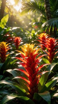 Vibrant bromeliad flowers grow in a sunlit tropical garden. Red orange yellow blossoms with green leaves. Warm light filters through rich jungle foliage creating bokeh.