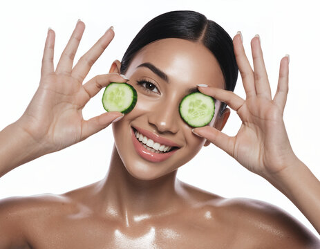 Beautiful Woman with Radiant Skin Holding Fresh Cucumber Slices over Eyes