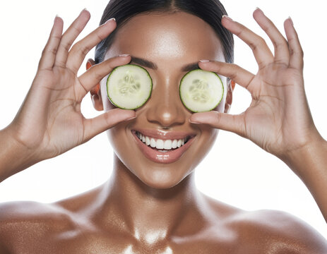 Smiling Woman with Glowing Skin Holding Cucumber Slices Over Her Eyes