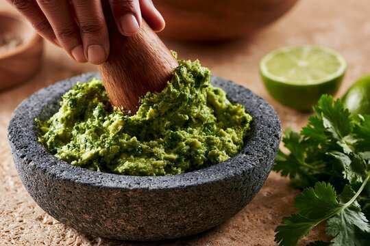 Close up of a hand using a wooden pestle to mash fresh avocado in a stone mortar, with lime and cilantro visible in the background on a textured surface