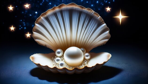 Moon And Stars Inside An Open Seashell With Pearls Symbolizing Discovery And Beauty