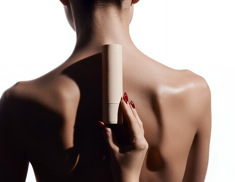 Minimalist Cosmetic Bottle on Woman's Back with High Contrast Lighting