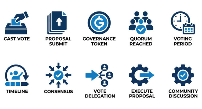 Set of ten business governance icons for blockchain voting process proposal submission and community consensus Minimal solid fill icon set bundle collection. Editable Vector Illustration Mega pack