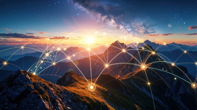 Digital network nodes connect over mountain peaks at sunrise. Glowing lines link data points across dark rocky landscape beneath starry galaxy sky. Futuristic communication technology connects global