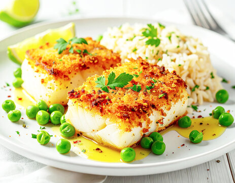 Breaded baked cod fish with rice and a butter sauce, green peas, white plate.