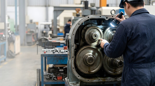 Mechanic inspecting large industrial gears with a flashlight. Heavy machinery maintenance and repair in a factory. Professional technician checking a gearbox