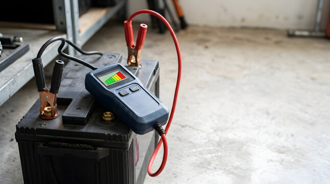 Digital battery tester connected to a car battery in a garage. Automotive diagnostic tool showing charge level and battery health