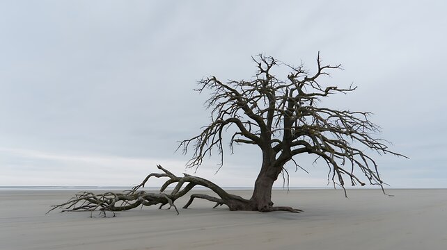Large leafless tree with fallen branches lying on sandy beach under cloudy sky showing natural decay and coastal erosion