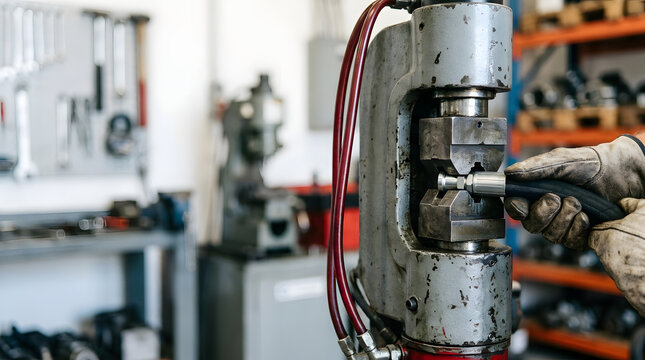 Worker using a crimping machine to assemble a hydraulic hose. Close up of hands in gloves performing industrial hose repair in a workshop