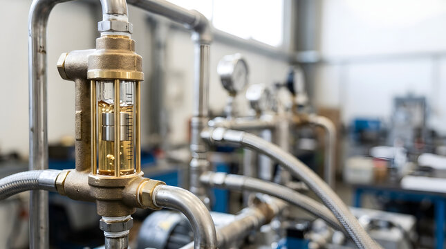 Industrial flow meter with amber liquid. Rotameter measuring fluid flow in a factory. Stainless steel piping and pressure gauges