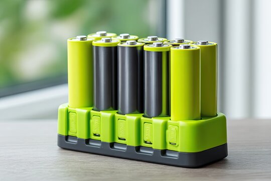 Neatly Arranged Rechargeable AAA Batteries in a Bright Green Charging Holder Ready for Powering Devices