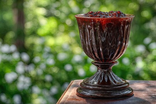 Ornate Ruby Red Wine Filling an Elegant Crystal Glass in a Lush Garden Setting