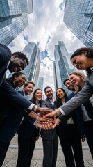 Obraz premium A diverse business team stands outdoors and joins hands above their heads in a team gesture.