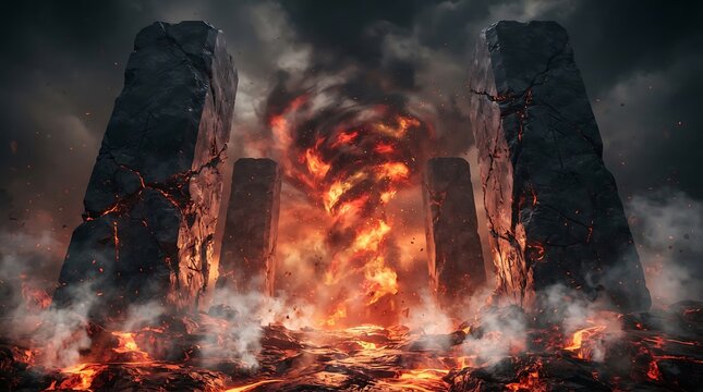 Dramatic stone monoliths framing a swirling vortex of fire and smoke creating a hellish landscape with glowing lava flows