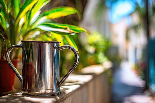 Polished Metal Mug Filled with Beverage Resting on Stone Ledge Amidst Lush Greenery