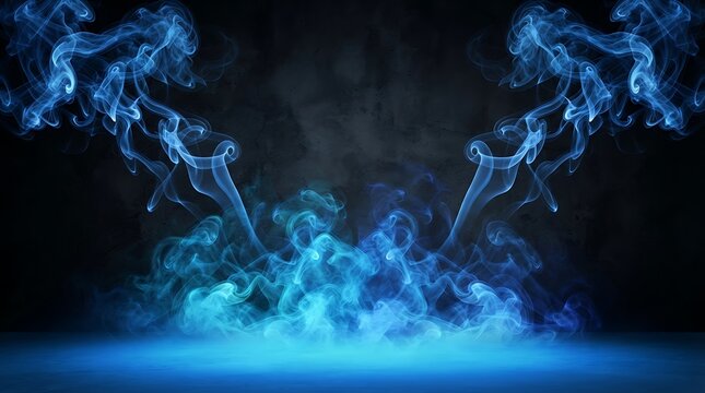 Dramatic blue smoke swirls and tendrils rising from a dark surface with a glowing blue light illuminating the bottom edge