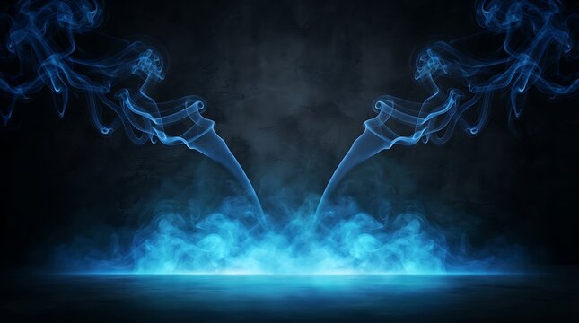 Dramatic blue smoke swirls and tendrils rising from a dark surface with glowing light illuminating the mysterious atmosphere