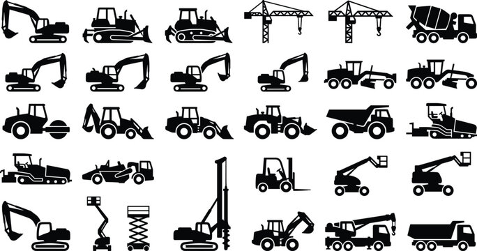 Vector collection of construction vehicle silhouette icons including excavators, bulldozers, cranes, cement mixers, dump trucks, tractors, and forklifts