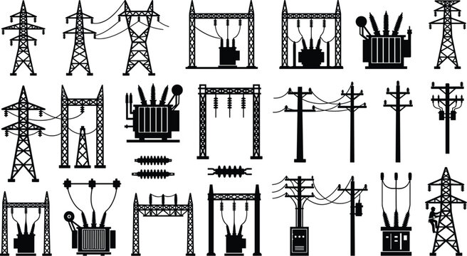 Vector collection of electrical infrastructure silhouette icons including transmission towers, power lines, substations, transformers, and utility poles