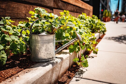 Polished Metal Watering Can Beside Lush Green Plants in a Garden Setting