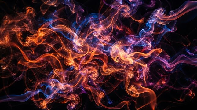Abstract swirling smoke patterns in vibrant shades of orange blue and purple against a dark black background creating a dramatic visual effect