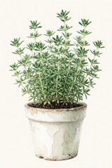 Fototapeta premium Watercolor illustration of fresh thyme herb plant in vintage white pot. Green leaves, soil detail isolated on plain backdrop. Useful for culinary, health, garden projects.