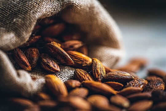 Roasted Almonds Spilling From a Burlap Sack, Showcasing Natural Texture and Rustic Appeal