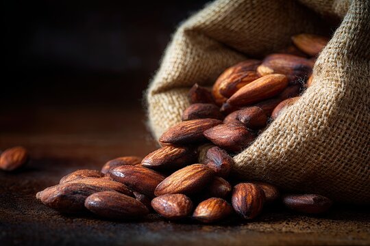 Roasted almonds spilling from a burlap sack onto a dark wooden surface, showcasing natural texture and rustic appeal.