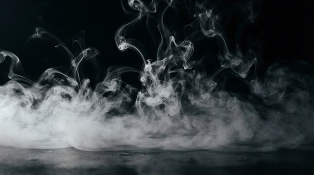 Dramatic swirling white smoke against a dark background creates an abstract atmospheric effect for moody conceptual designs and artistic expression