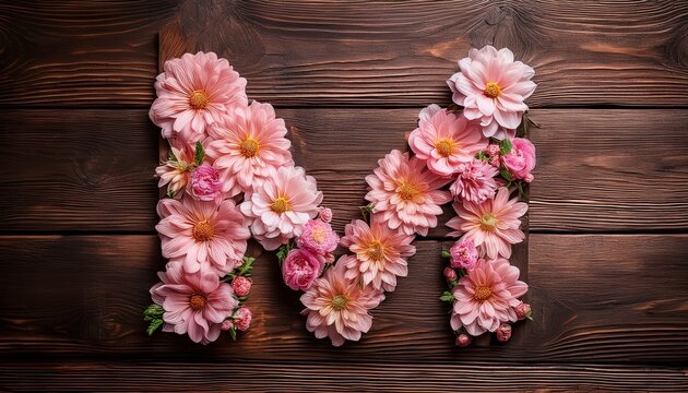Letter M Made From Delicate Pink Flowers Arranged On A Rustic Dark Brown Wooden Background