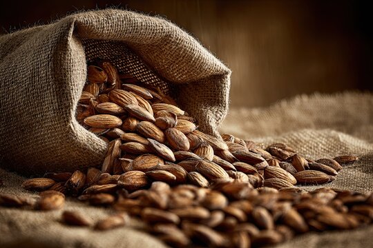 Roasted almonds spilling from a textured burlap sack, showcasing natural goodness and rustic appeal.