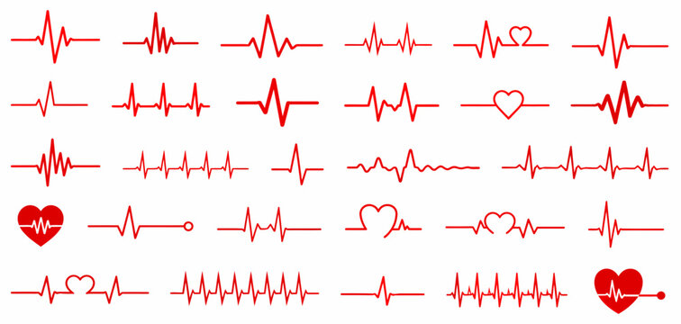 Red heartbeat line collection with heart symbol, cardiology, medical pulse, ECG, EKG design, healthcare clipart vector illustration, health monitoring, dig