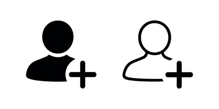 Add user icon with plus sign, account creation and new profile symbol in solid and outline vector styles.