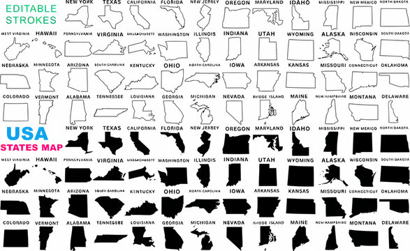 USA states map outlines and silhouettes, 50 America states, including New York, California, Texas, Florida, Ohio, vector illustration for educational, geog