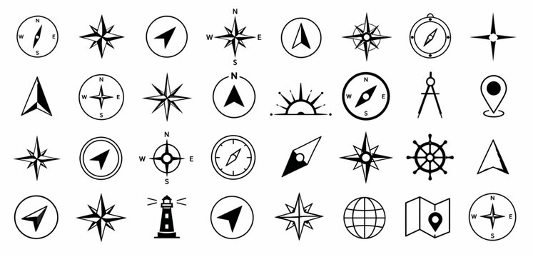 nautical compass navigation icons set. Perfect for marine, sailing, travel themes. 32 black symbols isolated on white background. From simple arrows to com