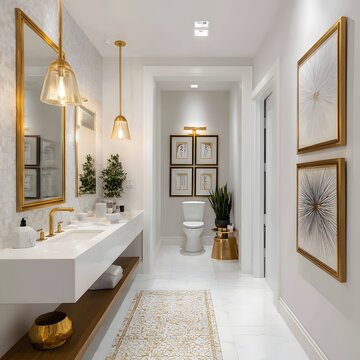 Sophisticated bathroom interior with arch windows and marble vanity photo
