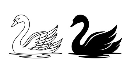 Two swans depicted in line drawing and black silhouette style © shamim
