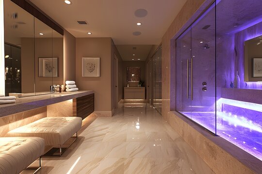 Sophisticated dark bathroom interior with warm golden accents photo