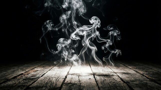 Dramatic wisps of white smoke forming a ghostly skull shape above a weathered wooden floor with moody lighting